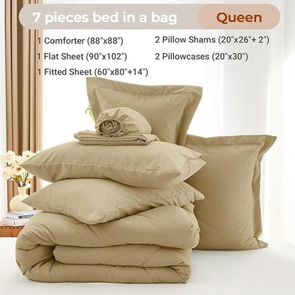 MUXHOMO 7 Pieces Queen Comforter Set, Soft Bed in a Bag Queen Size, All Season Bedding Set with Comforter, Flat Sheet, Fitted Sheet, Pillowcases & Shams, Khaki