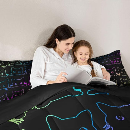 Cute Cats Bedding Set King Kawaii Cat Pet Comforter Set Colorful Neon Ombre Kawaii Animal Line Down Comforter Lovely Cat Lovers Room Decor Lightweight Duvet Set For Teens Children Boy Girl