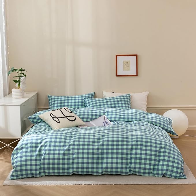 VM VOUGEMARKET Green Plaid Comforter Set Full,Washed Cotton Gingham Comforter with 2 Pillowcases for All Seasons,3 Pcs Modern Simple Grid Bedding Set for Teens