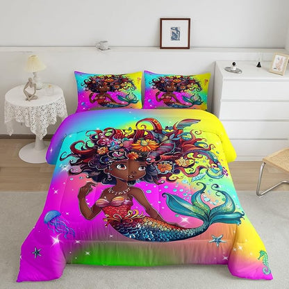 Erosebridal Gothic Mermaid Twin Comforter Set for Girls,Black Girls Bedding Set Afro Girl Quilt,American African Princess Magical Down Comforter for Toddler Kids,Ocean Jellyfish Cute Room Decor