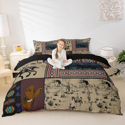 Feelyou Kids Brown Western Aztec Comforter Set King Size Horse Bedding Set for Boys Girls Teens Bedroom Decor Wild Cowboy Boho Southwestern Rustic Farmhouse Tribal Duvet Quilt Breathable Soft 3Pcs