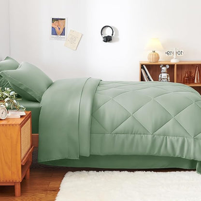 CozyLux Twin Comforter Set with Sheets Sage Green - 5 Pieces Bed in a Bag Twin, All Season Bed Set for Girls and Boys, Bedding Set with Down Alternative Comforter, Sheets, Pillowcase & Sham