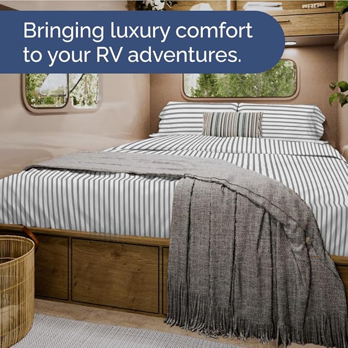 Short Queen RV Size 4 Piece Sheet Set - Comfy Breathable & Cooling Bed Sheets Set - Hotel Luxury Bedding for Women, Men, Kids, Teens, Boys & Girls - Deep Pockets, Ultra-Soft, Oeko-Tex - Grey Stripes