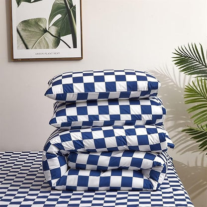 Houseri Royal Plaid Comforter Set Full Size Teen Boys Girls Dorm Bedding Quilt Comfy Deep Sea Blue Grid Comforter