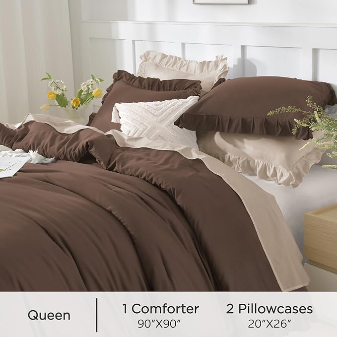 Andency Brown Comforters Queen Size, 3 Pieces Solid Shabby Chic Farmhouse Bedding Comforters & Sets, Lightweight Fluffy All Season Soft Down Alternative Bed Set for Women Men