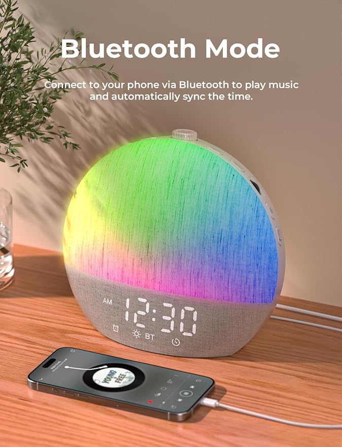 LIORQUE Sunrise Alarm Clock, Digital Alarm Clocks Bedside, 30 Sleep Sounds, Sleep Timer, Adjustable Volume & Brightness,Screen Free Design, Bluetooth, Wake up Light with White Noise for Heavy Sleepers