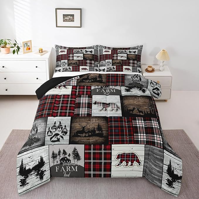 Bear Comforter for Teens Boys Girls Buffalo Plaid Check Bedding Sets for Cabin Camping Wild Farm Animal Elk Deer Duvet Insert Red Christmas Stripes Patchwork Quilt Hunting Theme Quilted Duvet,Full