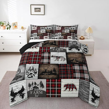 Bear Comforter for Teens Boys Girls Buffalo Plaid Check Bedding Sets for Cabin Camping Wild Farm Animal Elk Deer Duvet Insert Red Christmas Stripes Patchwork Quilt Hunting Theme Quilted Duvet,Full