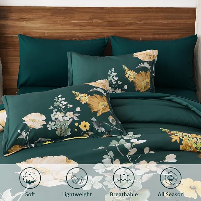 DJY Floral Comforter Set King Size 7 Pieces Teal Green Floral Bed in a Bag with Flower Leaves Pattern, Soft Microfiber Botanical Comforter and Sheet Set All Season Bedding Set(104''x90'')