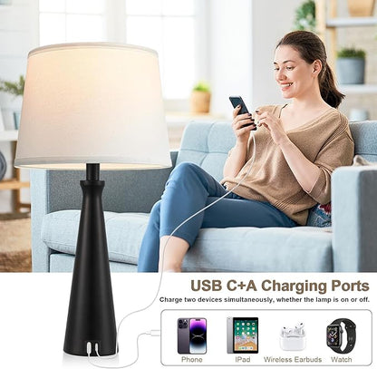 Seealle Modern Table Lamps Set of 2 - Touch Bedside Lamp for Nightstand with Dual USB C+A,3-Way Dimmable Black Nightstand Lamps for Living Room Bedroom End Table(Bulb Included)