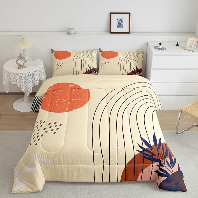 Retro Minimalism Bedding Twin Hippie Modern Comforter Set, Mid Century Bedding Comforter Sets Abstract Art Duvet Insert, Geometric Lines Stripes Down Comforter Red Sun Print Bedroom Decoratives