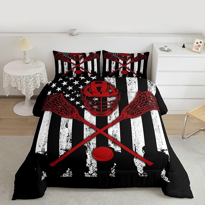 Erosebridal Lacrosse Comforter Set for Teens Youth,Black White American Flag Bedding Set,Lacrosse Stick and Ball Duvet Insert King,Lacrosse Player Quilt Comforter with 2 Pillowcases Warm