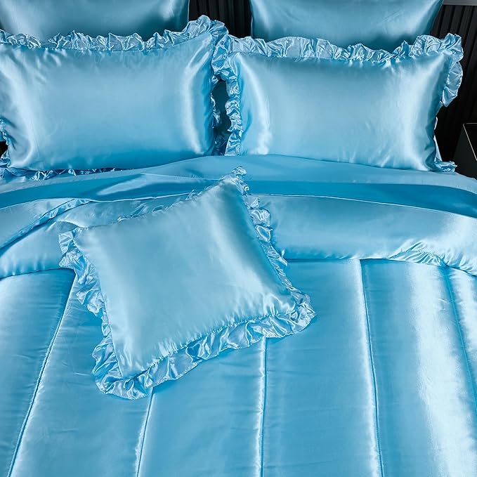 Silky Comforter Set with Sheet Set King 8 Pcs Baby Blue Bed in a Bag Light Blue Bedding Set Silk Like Satin Ruffle Pattern Home Deocr Sexy Hotel Silky Bed Set with 1 Cushion Cover