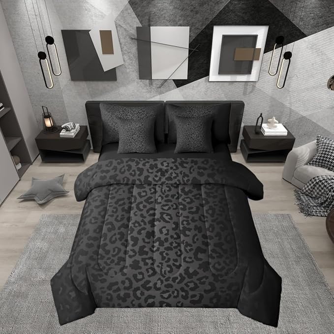 Erosebridal Black Ombre Grey Leopard Print Full Comforter Set 7 Pieces | Animal Skin Pattern Bed in A Bag for Bedroom Women Men Adults Bedding Set with Comforters Cheetah Fur Room Decor