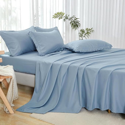 Andency Oversized King Comforter Set with Sheets 120x120 Grayish Blue - 7 Pieces Boho Tassel Bed in a Bag Soft Lightweight Bedding Sets, Fringe Bed Set with Comforter, Sheets, Pillowcases & Shams