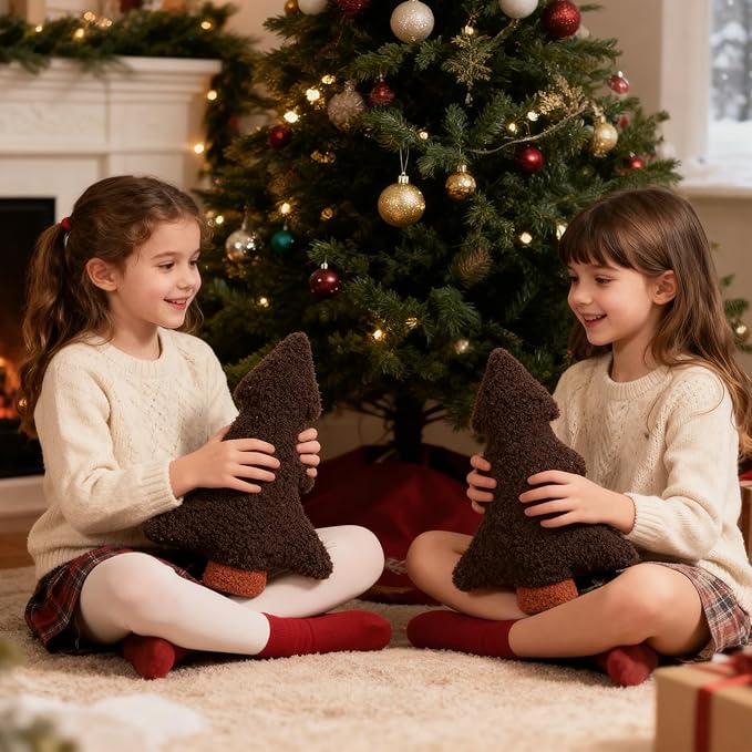 Artmag Christmas Pillows, Decorative Christmas Tree Pillow Set of 2 Stuffed Tree Shaped Plush Pillow for Holiday Party Sofa Living Room Decoration (13" x 10.5", Brown)