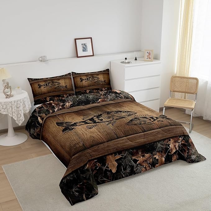 Erosebridal Camo Bass Fish Bedding Comforter Sets Fishing Bass Big Fish Bedding Set Toddler Rustic Farmhouse Lake House Comforter Set for Boys Men Fisherman,Retro Tree Camouflage Cabin Quilt Set