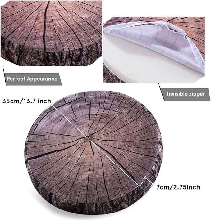 HYSEAS Decorative Round Throw Pillow, 3D Digital Print Comfortable Kids Funny Cute Wood Log Pillow Circle Seating Floor Cushion for Home, Couch, Sofa, Bedroom, Living Room Decor, Dark Grey Stump