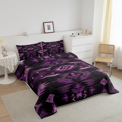 Feelyou Purple Black Southwestern Comforter Set,Geometric Tribal Native American Indian Bedding Set Full Size,Adult Bedroom Room Decor,Vinatge Exotic Style Stripe Line Comforter,Bed Set