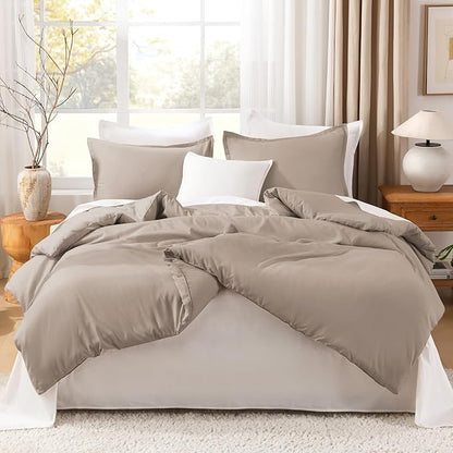 Litanika Light Coffee Comforters Oversized King Size, 3 Pieces Lightweight Solid Bedding Comforter Set, All Season Fluffy Bed Set (120x98In Comforter & 2 Pillowcases)