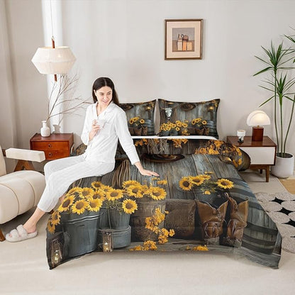 Feelyou Brown Western Aztec Comforter Set Toddler Size Kids Bull Skull Duvet Quilt for Boys Girls Teens Wild Cowboy Boots Farmhouse Rustic Sunflower Bedding Set Soft Room Decor 2Pcs