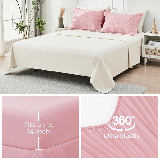 HYMOKEGE Pink/Ivory Queen Comforter Set Seersucker 7 Pieces, All Season Luxury Bed in a Bag Queen for Bedroom, Bedding Set with Comforter, Sheets, Pillowcases & Shams