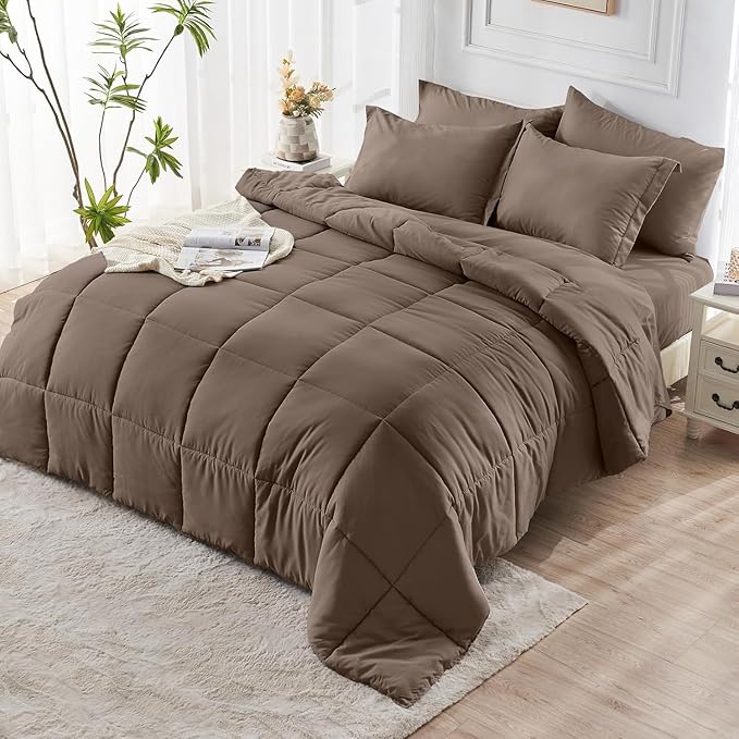 JOLLYVOGUE Twin Comforter Set, Ultra-Soft Bed in a Bag Twin Size 5 Pieces, Oeko-TEX Certified Bedding Set with Down Alternative Comforter, Sheets, Pillowcases & Shams, Brown