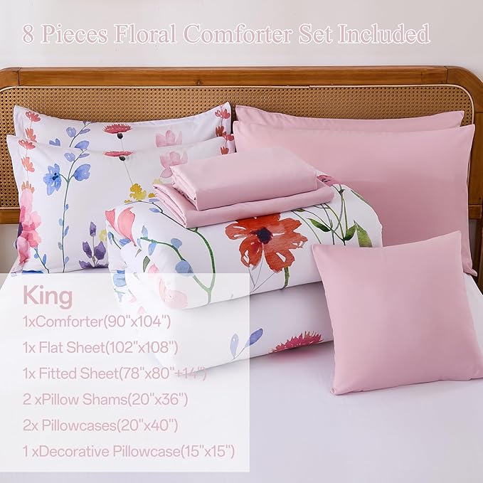 Annibedding Pink Floral King Size Comforter Set, 8 Piece Soft Microfiber Flower Bed in a Bag Bedding Set with Pillowcase and Sheets for All Season (Pink,90"x104")