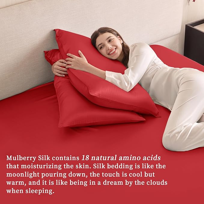 THXSILK 6A+ Top Grade 100% Pure Mulberry Silk Queen Fitted Sheet 3Pcs Set Bed Sheets Luxury Bedding for Hair and Skin Breathable Cooling Safe Material, 1 Fitted Sheet with 2 Pillowcases, Red