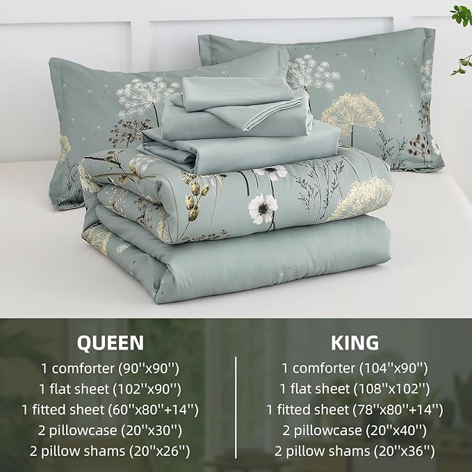 Yiran Dusty Blue Floral Comforter Set Queen Size, 7 Piece Dandelion Botanical Comforter Bedding Set, Bed in a Bag Queen, Soft Microfiber Complete Bedding Set with Sheets for All Season