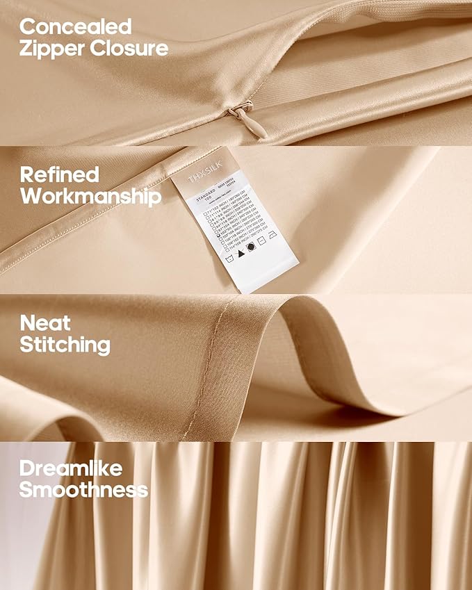 THXSILK Silk Sheet Set 4 Pcs, King Size Sheet Set, Soft Breathable Cooling Bed Sheets with 1 Flat Sheet, 1 Fitted Sheet, 2 Pillowcases with Zipper Closure, Champagne