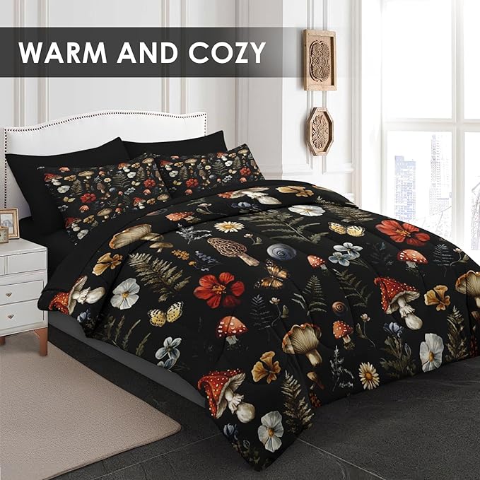Comforter Set King Size, Woodland Mushroom 7 Pcs Bedding for Kids and Adults, Fern Plants Botanical Bed Sheet Sets with Fitted Sheet 2 Pillowcases & 2 Shams for Bedroom Bed Decor