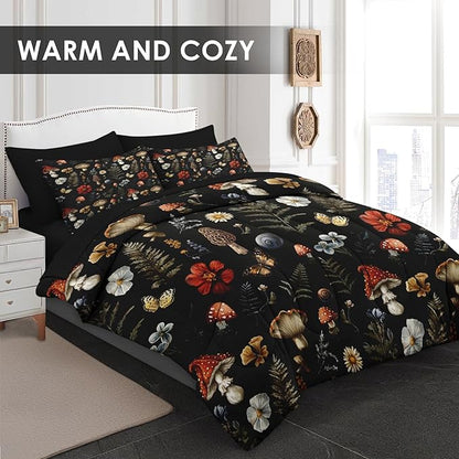 Comforter Set King Size, Woodland Mushroom 7 Pcs Bedding for Kids and Adults, Fern Plants Botanical Bed Sheet Sets with Fitted Sheet 2 Pillowcases & 2 Shams for Bedroom Bed Decor