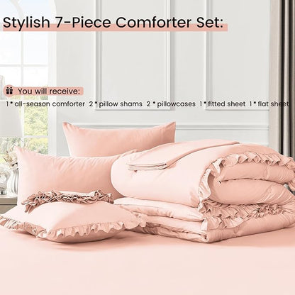 QUIETSEA Queen Bed in a Bag 7 Pieces Comforter Set Queen, Ruffle Shabby Chic Bedding Comforter Set Pink Bed Set with Comforter, Pillowcases, Flat Sheet, Fitted Sheet and Pillow Shams