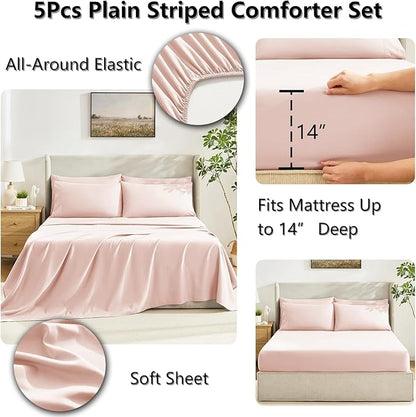 CozyLux Twin Comforter Set with Sheets Blush Pink, 5 Pieces Bed in a Bag, Pink Comforter Twin Size, All Season Bedding Set with Stitch Quilted Comforter, Flat Sheet, Fitted Sheet, Pillowcases
