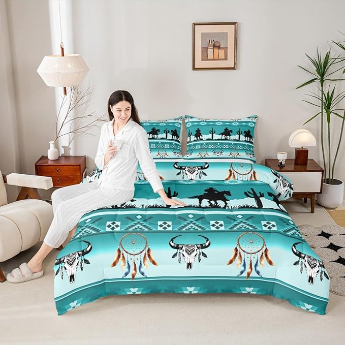 Erosebridal Queen Size Western Comforter Set Longhorn Skull Dream Catcher Boho Bedding Set for Kids Boys Teens Adult Bedroom, Cowboy Horse Western Quilt Southwestern Geometric Duvet Insert, Teal