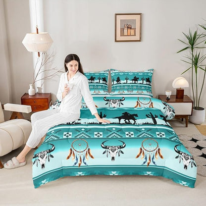 Erosebridal Toddler Size Western Comforter Set Longhorn Skull Dream Catcher Boho Bedding Set for Kids Boys Teens Adult Bedroom, Cowboy Horse Western Quilt Southwestern Geometric Duvet Insert, Teal