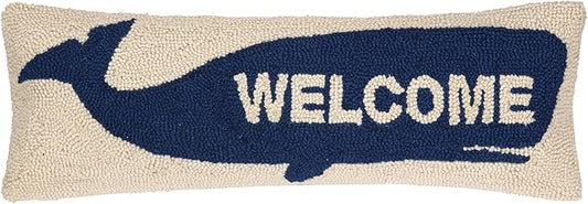 Welcome Whale Wool Hook Coastal Pillow by The Pillow Shoppe, 8x24 Oblong