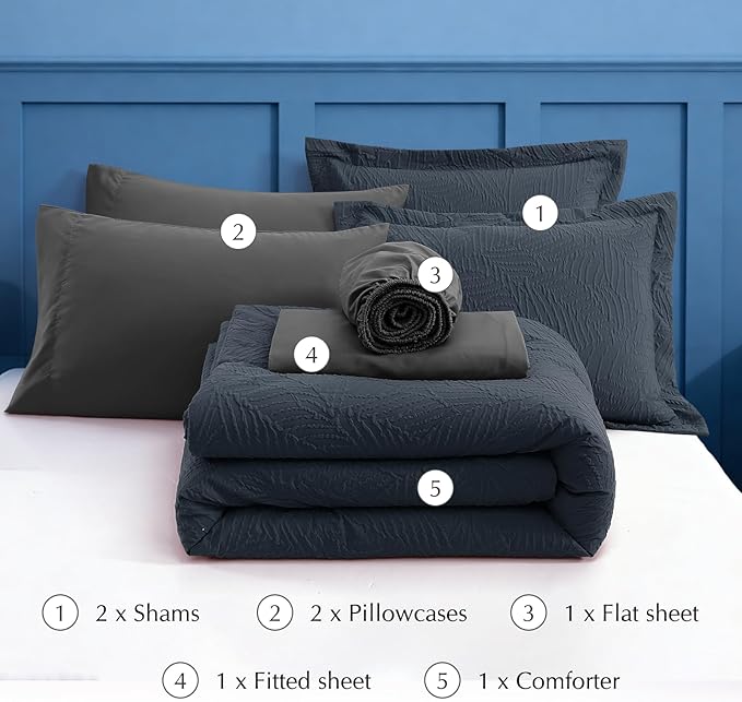 Geniospin Queen Comforter Set - 7 Pieces Blue Gray Textured Queen Bedding Sets with Comforter, Sheets, Pillowcases & Shams，All Season Blue Gray Bedding