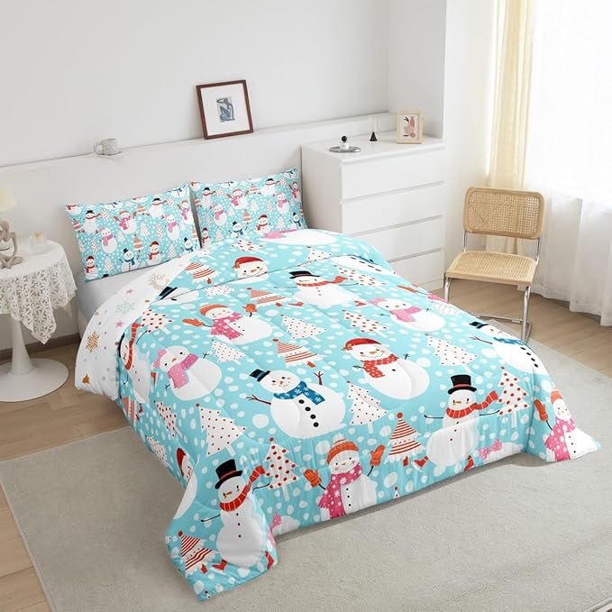 Cute Snowman Comforter Set King Size Cartoon Christmas Tree Bedding Set 3Pcs Red White Dots Print Theme Quilt Set for Kids Girls Boys Room Decor Watercolor Blue Duvet Insert,2 Pillowcases