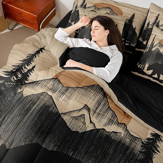 Erosebridal 7 Pieces Bear Bedding Set King Size for Kids Teens Adults - Black Woodland Forest Comforter Set with Sheets Country Bear Hunting Bed in A Bag Mountain Animal Rustic Cabin Lodge Bed Sets