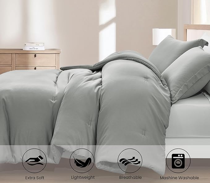 Chezmoi Collection Cliff 3-Piece Lightweight Cooling Comforter Set, Queen- Rayon Derived from Bamboo & Polyester Blended, Soft Breathable Bedding for Hot Sleepers, Light Gray