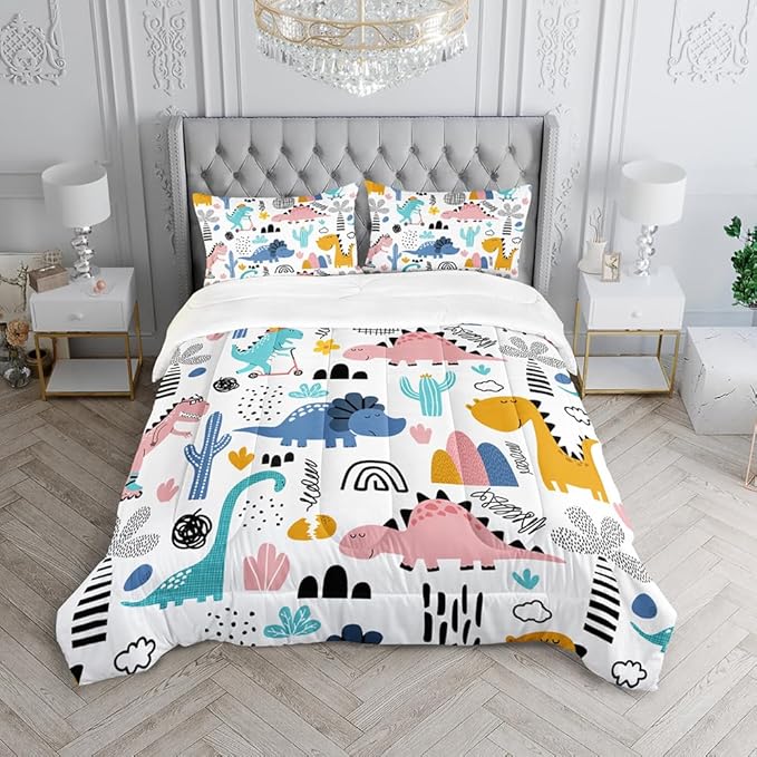 Cartoon Dinosaur Rainbow Comforter Set Twin 3Pc Kawaii Dinosaur Bedding Set All Season with Cactus, Coconut Tree Decoration Includes 1 Comforter, 2 Pillowcases for Kids Girls Teens
