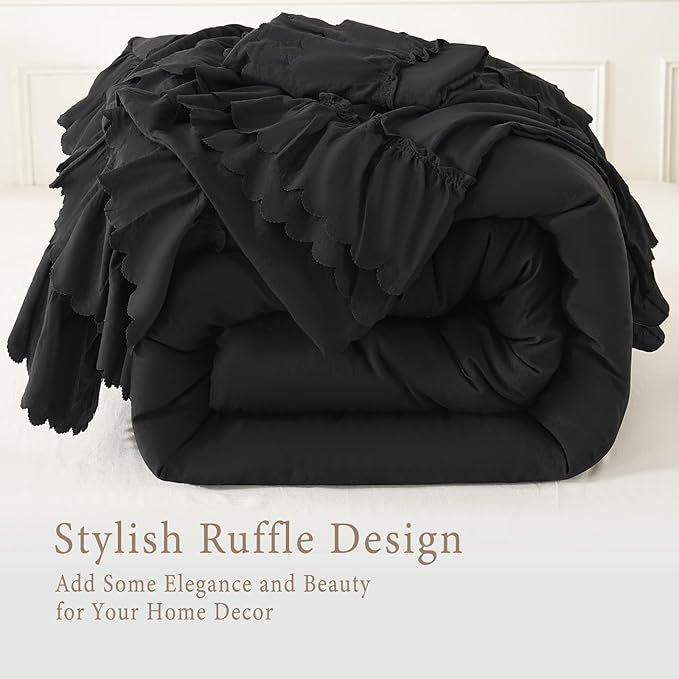 Herside Black Ruffle Comforter Set King Size,Shabby Chic Boho Bedding Sets, Soft Fluffy Comforters Sets for All Season,Vintage Ruffled 3 Pcs Microfiber Lightweight Quilt Set for Women Girls