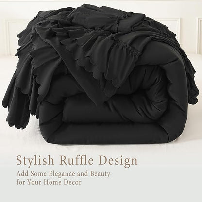 Herside Black Ruffle Comforter Set King Size,Shabby Chic Boho Bedding Sets, Soft Fluffy Comforters Sets for All Season,Vintage Ruffled 3 Pcs Microfiber Lightweight Quilt Set for Women Girls