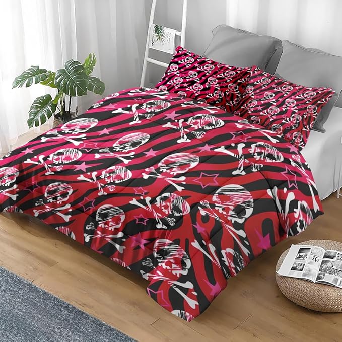 Comforter Set Full Size, Zebra Skull Rock Soft 3 Pcs Bedding for Kids and Adults, Animal Roll Pink Comforter Set with 2 Pillowcases, for Bedroom Bed Decor