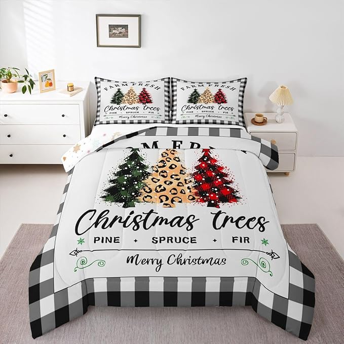Christmas Tree Comforter Set Twin Size,Black White Geometric Check Bedding 2pcs for Kids Girls Adults Home Winter Room Decor,Red Green Leopard Pine Quilt Happy New Year Duvet Insert