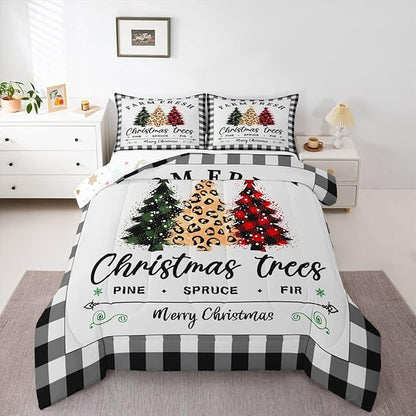Christmas Plaid Tree Bedding Set King Size,Black White Geometric Grid Comforter for Kids Teens Women Home Room Decor,Winter Snowflake Quilt Red Green Leopard Pine Duvet Insert 3pcs