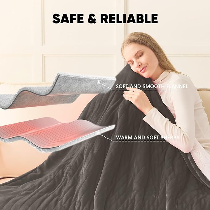 greenoak Heated Blanket Electric Twin 62"X84", Heating Blanket with 10 Heat Levels 1/2/4/6/8 Hours Auto-Off, Soft Flannel Sherpa Warm Heater Christmas Blanket, Lacquered Black