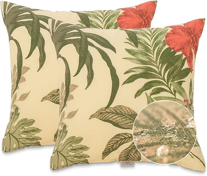 JMGBird Weather-Resistant Outdoor Pillows Set of 2, 18x18 inch Durable Red Flowers Yellow Background Throw Pillows with Inserts for Patio Furniture